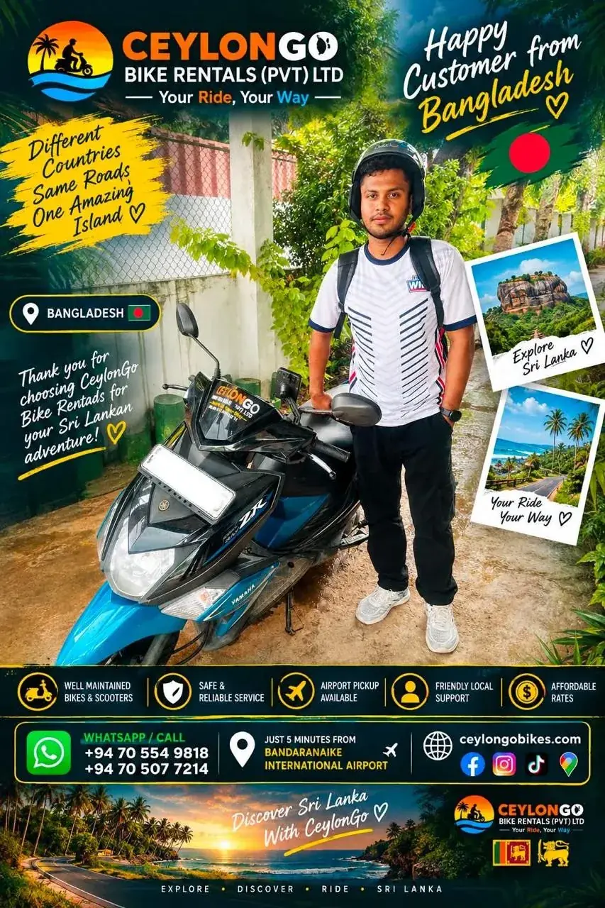 Happy CeylonGo customer from Bangladesh with a Yamaha Ray ZR rental scooter